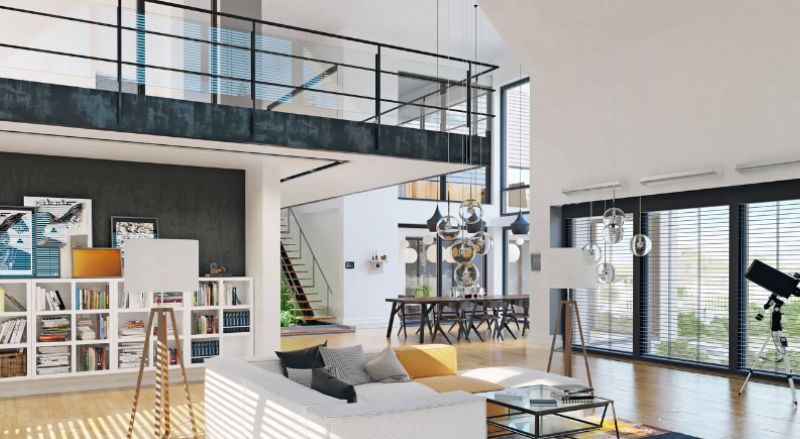 Custom-rebuild home builder in Toronto's modern living room with loft-style staircase