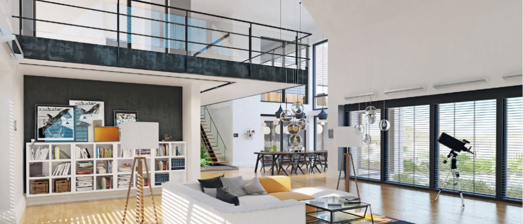 Custom-rebuild home builder in Toronto's modern living room with loft-style staircase