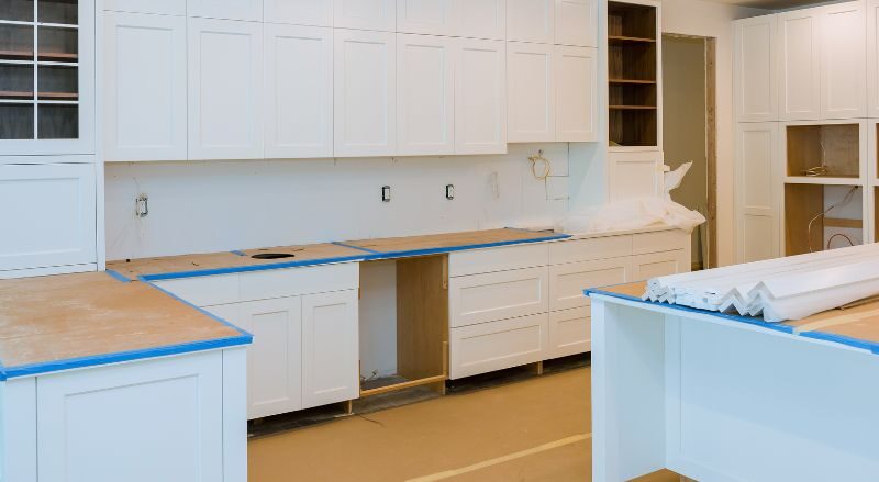 Kitchen Renovation Mistakes: White cabinets and blue paint in a kitchen